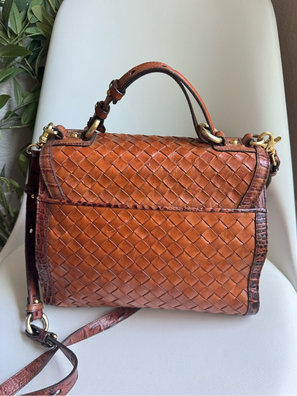 Brahmin Debi Pecan Melbourne Brown Leather Woven Satchel Crossbody Bag - Picture 6 of 12